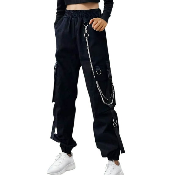 HNMKIU Women Casual Pants Fashion Chain Detail Joggers Ankle Loose Fit Cargo Style Sport Trousers Black,M