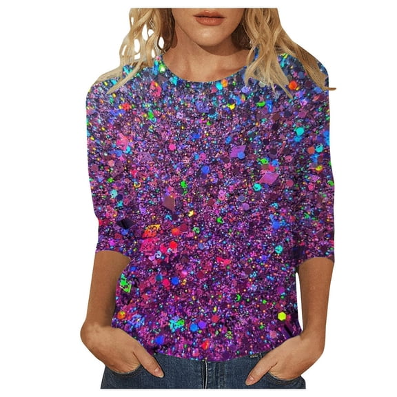 HNMKIU Women Casual Sequin Printed T-Shirt a Crew Neck Carnival Three Quarter Sleeve Top for Festive Womens Holiday Tops 04_Purple，S