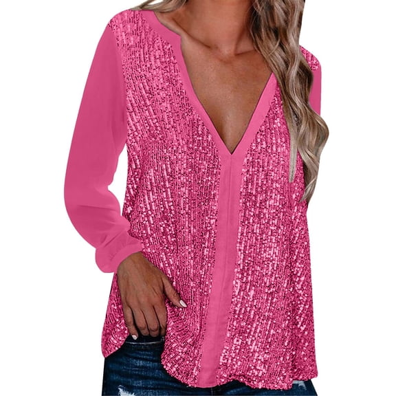 HNMKIU Women Casual V-Neck Sequin Long Sleeve Tops a Loose Fit Pullover Solid Color Comfortable Blouse for Everyday Hot Pink,XXXL