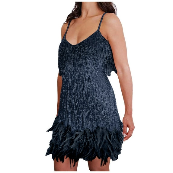 HNMKIU Women Evening Gown Double Deep V Long Dress with Tassel Sequins and Feather for Holiday Dresses in Plus Size 02_Black,M