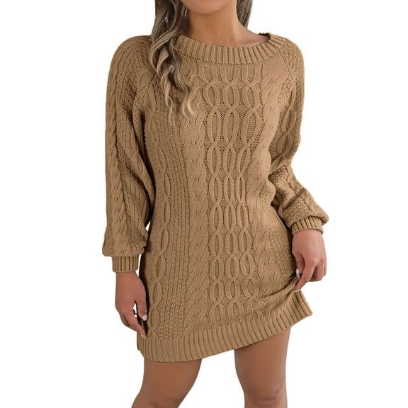 HNMKIU Women Fall Winter Long Sleeve Oversized Cable Knit Pullover Sweater Dresses for Women Cozy Khaki,M