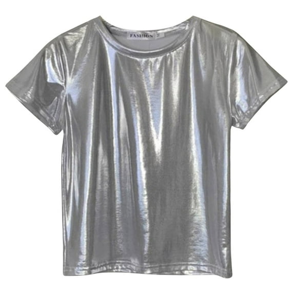 HNMKIU Women Fashion Casual Round Neck Solid Color Shiny Short Sleeve T-Shirt a Loose Fit Womens Tops Silver,M