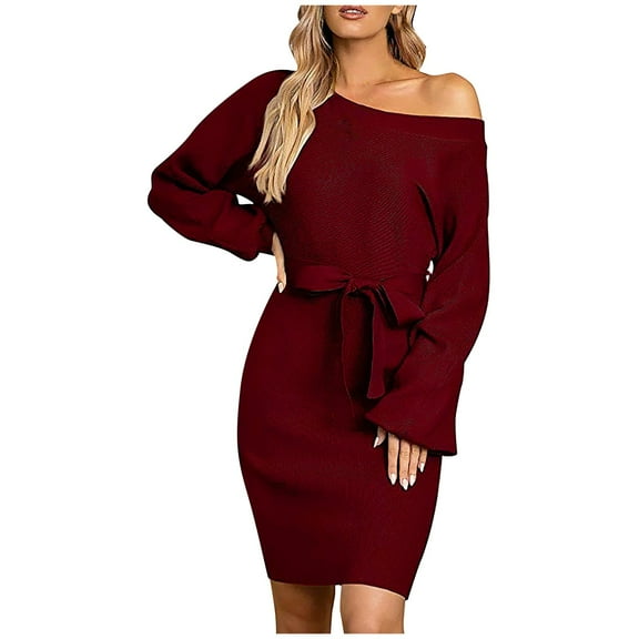 HNMKIU Women Fashion Dress Casual Solid Long Sleeves Off Shoulder Knitted Slim Dress with Belt Long Sleeve Dress for Women Red,S