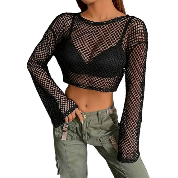 HNMKIU Women Fashion Mesh Smock Long Sleeve Tops a Fishnet See-Through Long Sleeve T-Shirt for Layering 02_Black,L