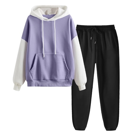 HNMKIU Women Fashion Solid Casual Drawstring Hoodie High Waist Trousers Two Set Womens Hoodies Purple,L