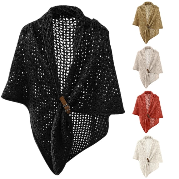 HNMKIU Women Fashion Solid Hollow Out Buckle Big Triangle Cape Cloak Warm Decorative Scarf Split ,Black