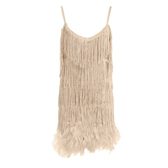 HNMKIU Women Fashion V Neck Gown Long Dress with Tassel Sequins and Feather Stitching for Evening 01_Beige,M