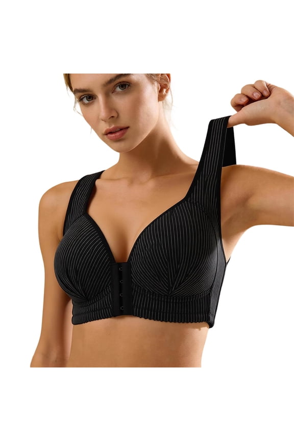 Women Front Side Buckle Lace Edge Without Steel Ring Movement Seamless Gathering Adjustment Yoga Sleep Large Bra Black,44