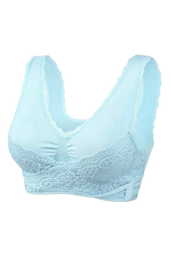 Women Front Side Buckle Lace Edge Without Steel Ring Movement Seamless Gathering Adjustment Yoga Sleep Large Bra Mint Green,M