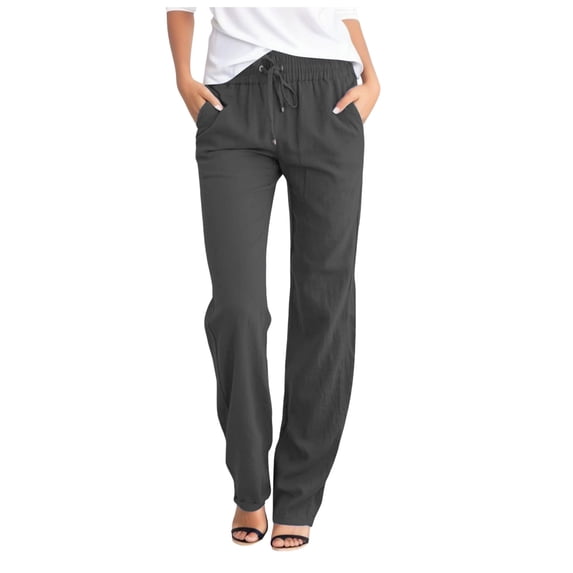 HNMKIU Women High Waisted Solid Pants Straight Waist Casual Elastic With Pockets Grey,M