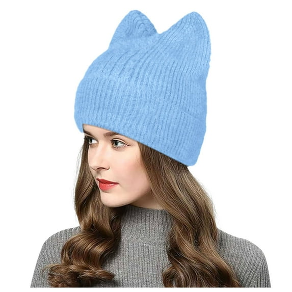 HNMKIU Women Knit Crochet Cozy Furry Cat Hat With Ear Slouchy Wool Winter Warm Hats for Hats Blue,One Size