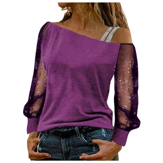 HNMKIU Women Lightweight Long Sleeve T Shirts for Women Rhinestone Sequin Net Yarn Off Shoulder Top for Party 2-Purple,M