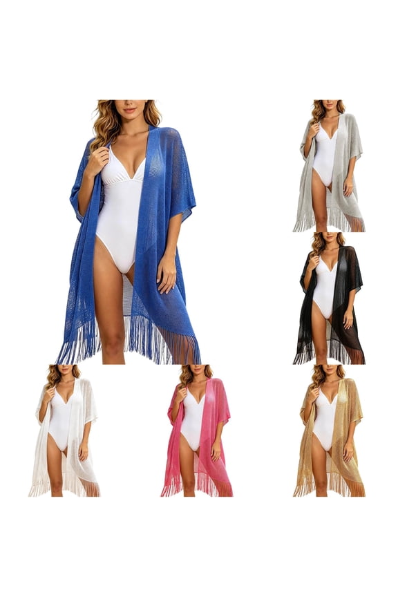 Women Lightweight Shawl Wrap Metallic Fringe Shawl Wrap Elegant Beach Cover Up Resort Sun Kimono Cardigan Blue,One Size