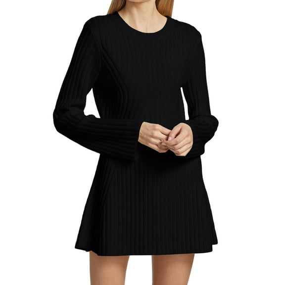 HNMKIU Women Long Sleeve Crew Neck Pullover Sweatshirt Mini Dress for Fall Outfits Casual and Comfortable Black,L