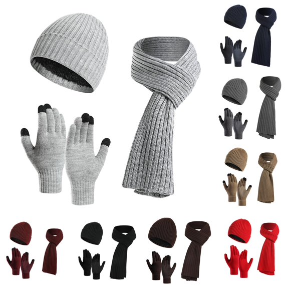 HNMKIU Women Men Autumn Winter Warm Wool Hat Scarf Slouchy Three Knit Cap Screen Mittens Sets Dark Gray - One Size