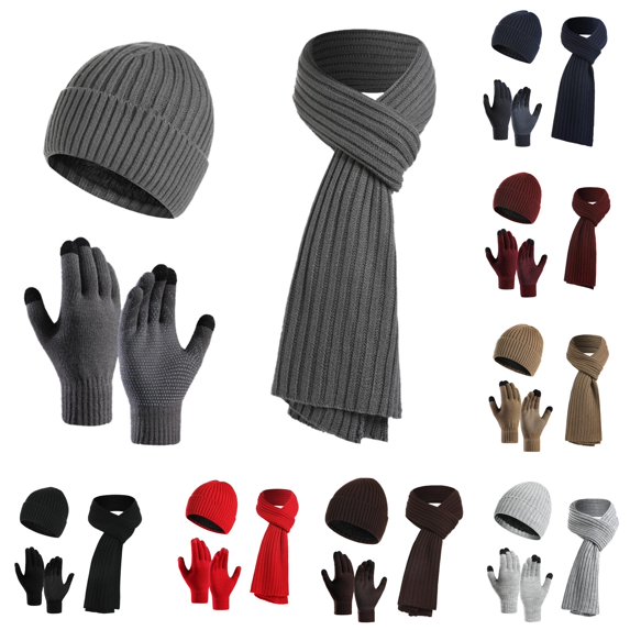 HNMKIU Women Men Autumn Winter Warm Wool Hat Scarf Slouchy Three Knit Cap Screen Mittens Sets Grey - One Size
