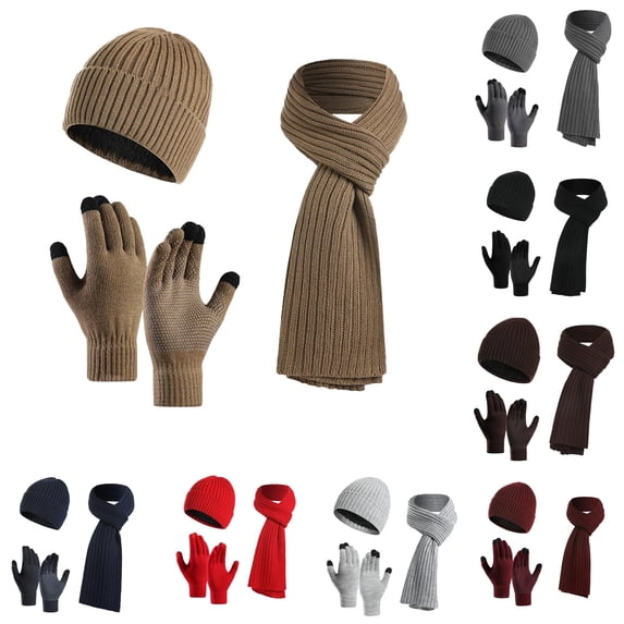 HNMKIU Women Men Autumn Winter Warm Wool Hat Scarf Slouchy Three Knit Cap Screen Mittens Sets Khaki - One Size