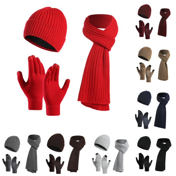 HNMKIU Women Men Autumn Winter Warm Wool Hat Scarf Slouchy Three Knit Cap Screen Mittens Sets Red - One Size
