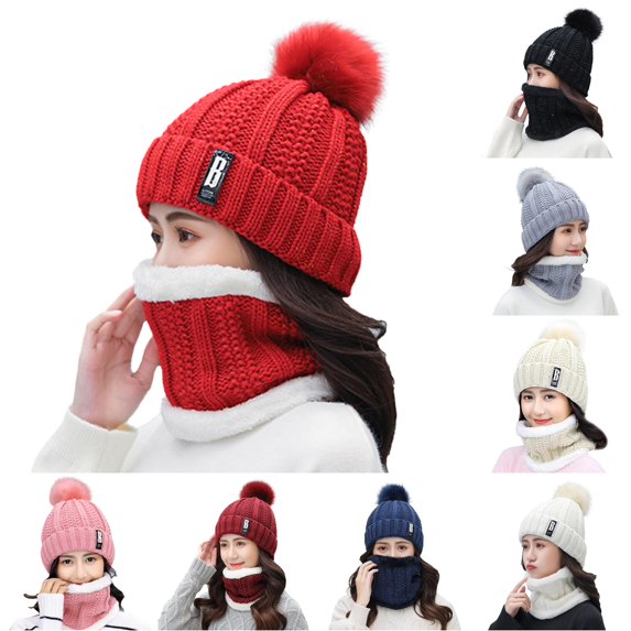 HNMKIU Women Men Winter Knit Warm Hat Scarf Set Purpose Earflap Windproof Headwear Cozy Neck Gaiter Outdoor Cycling Skiing Travel Accessory Red - One Size