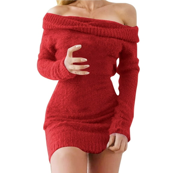 HNMKIU Women Off Shoulder Bodycon Sweater Dress Long Sleeve Knit for Winter Holiday Party Dress for Women Red,M