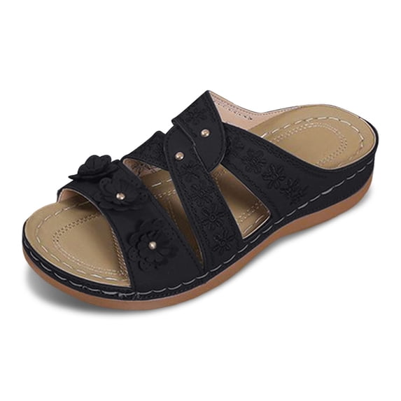 HNMKIU Women Sandals Comfortable Women's Slides with Floral Hollow Out Design for Daily Leisure Thick Sole Open Toe Footwear for Casual Outfits Summer Shoes Black,9.5