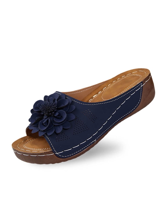 Women Sandals Open Toe Platform Slides with Floral Design Comfortable and Stylish for Casual Summer Wear Lightweight Beach Shoes Navy,9