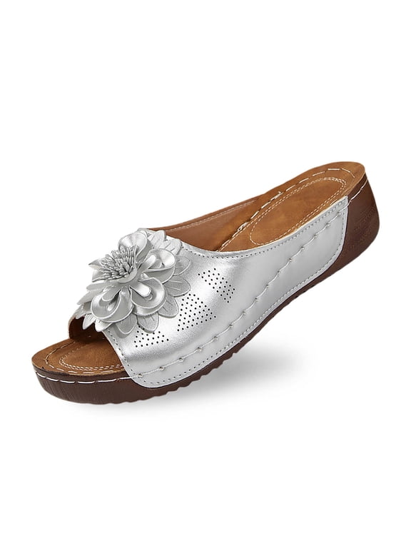 Women Sandals Open Toe Platform Slides with Floral Design Comfortable and Stylish for Casual Summer Wear Lightweight Beach Shoes Silver,6
