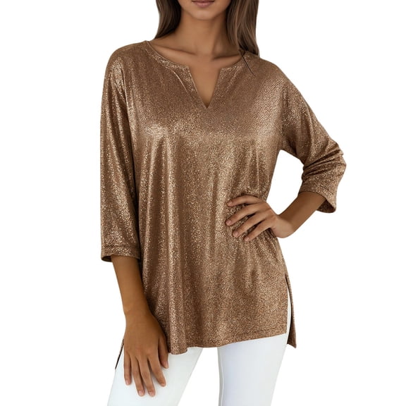 HNMKIU Women Shimmering Casual Long Sleeve Tops an Elegant Plus Size Knit Top with Subtle Shine and Comfort Fit Brown,L