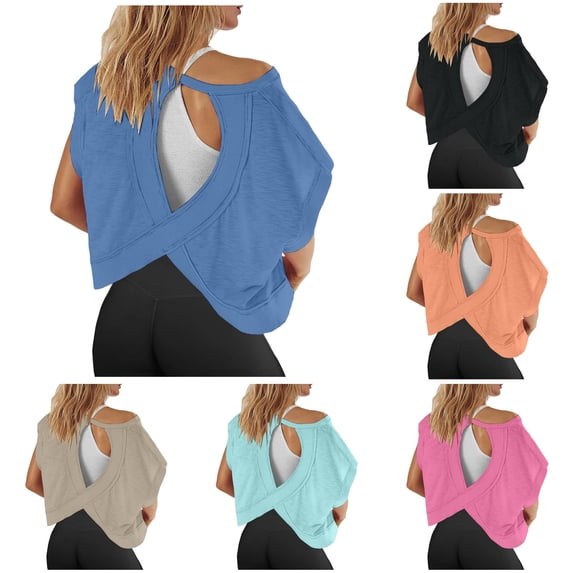 HNMKIU Women Short Sleeve Workout Shirts Open Back Tops Casual Yoga Athletic Gym Slouchy Crop Running Tees
