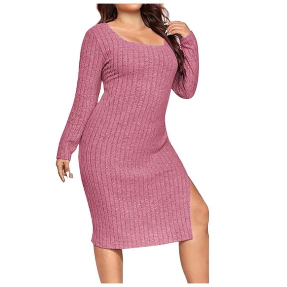 HNMKIU Women Solid Color Casual Rib Knit Slit Thigh Sweater Dress for Everyday and Holiday Wear for Women Red,XXXL
