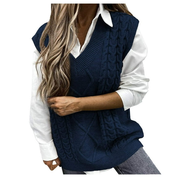 HNMKIU Women Solid Color V Neck Checked Knit Sleeveless Vest Casual Layering Piece Sweater Vest Women for Everyday Style 1-Navy,S
