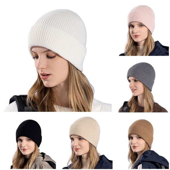 HNMKIU Women Thick Winter Knitted Sock Hats Big Head Warm Cozy Thermal Caps for Cold Weather Outdoor Daily Wear Stretchy Soft Lined Unisex Style White - One Size