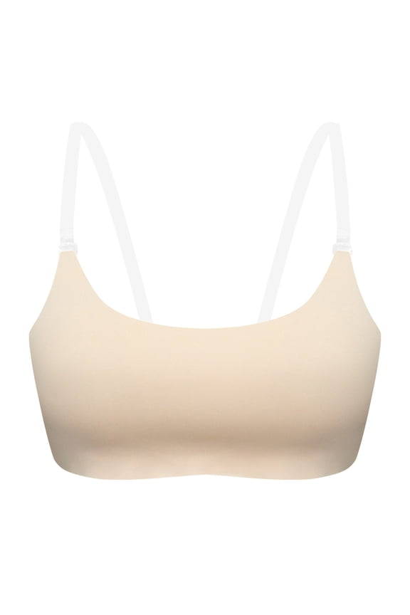 Women Transparent Shoulder Strap Backless Underwire Bra Seamless Push Up Lace Unlined Sheer Beige,S