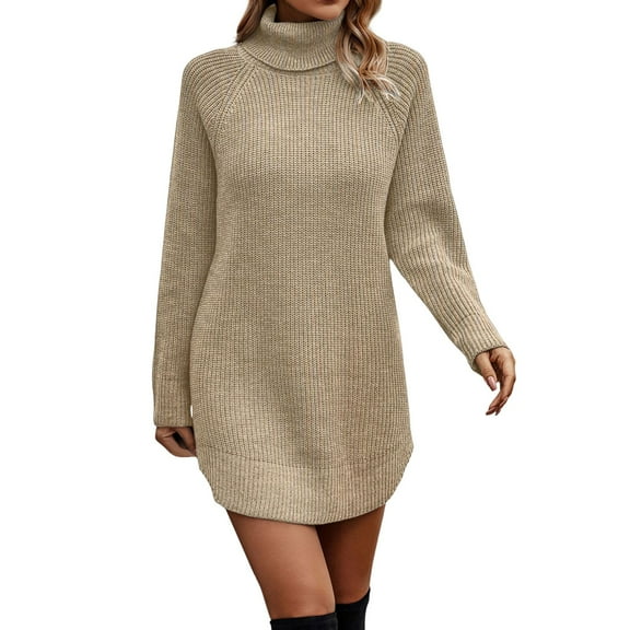 HNMKIU Women Turtleneck Long Sleeve Knit Elasticity Slim Sweater Dress Mid Length for Autumn and Winter Beige,L