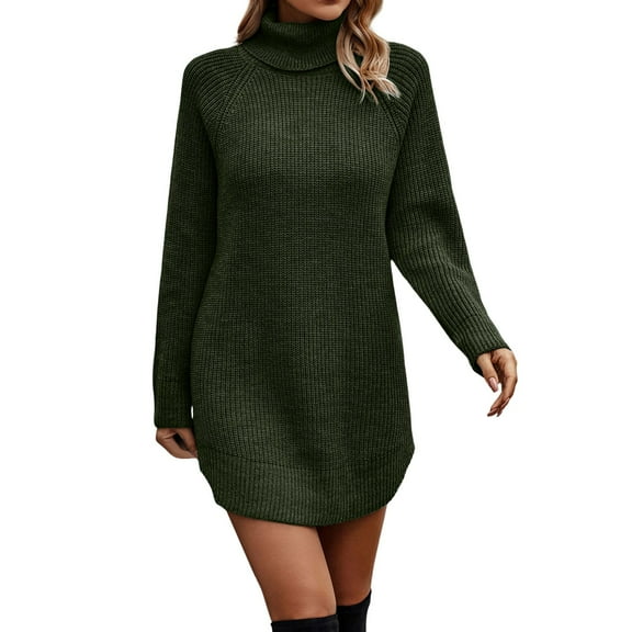 HNMKIU Women Turtleneck Long Sleeve Knit Elasticity Slim Sweater Dress Mid Length for Autumn and Winter Green,XL