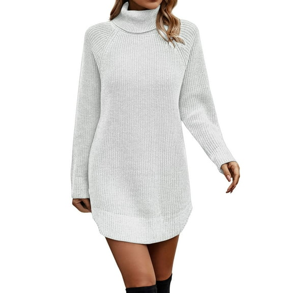 HNMKIU Women Turtleneck Long Sleeve Knit Elasticity Slim Sweater Dress Mid Length for Autumn and Winter White,XL