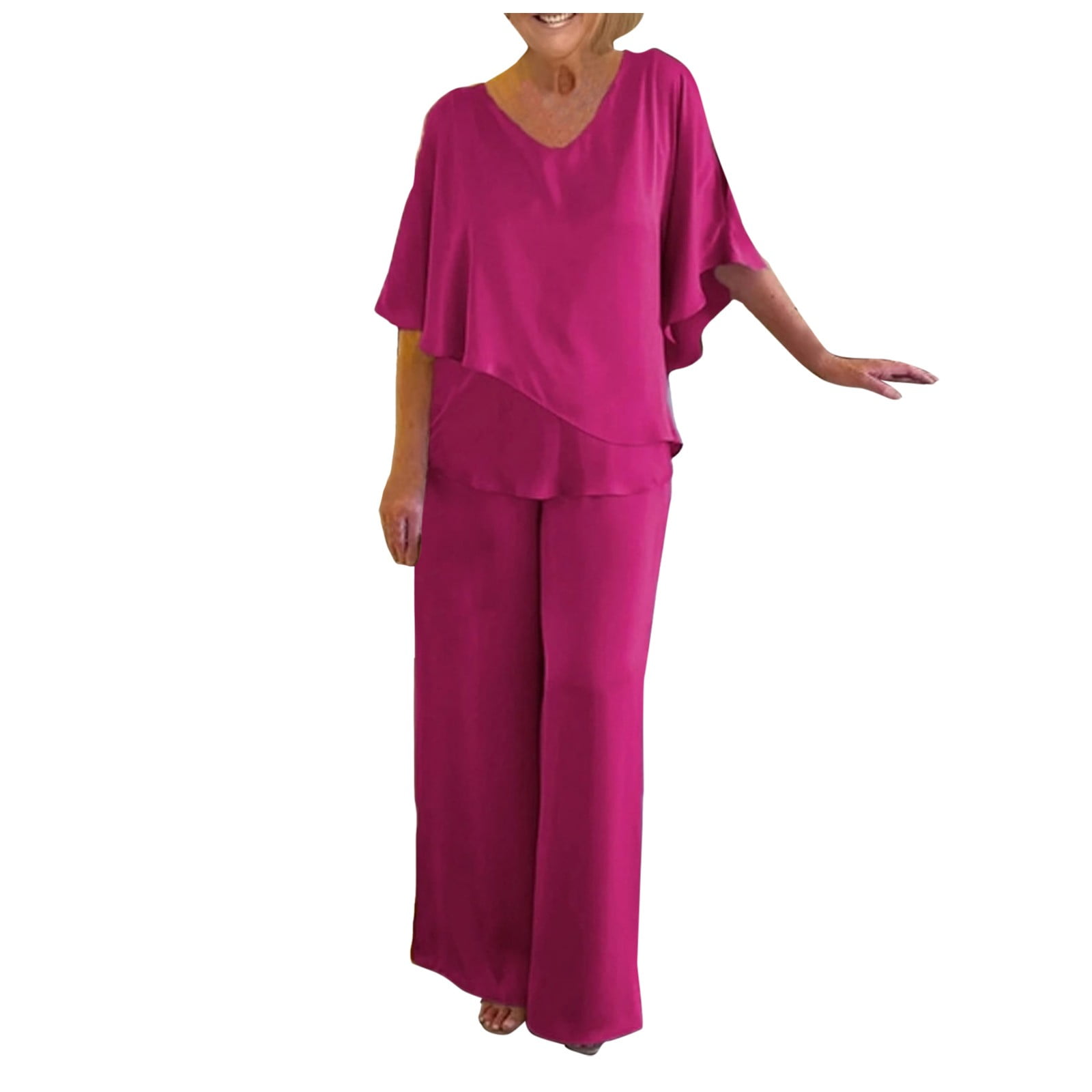 HNMKIU Women Two Piece Outfits Sets's Festive Elegant 2 Piece Pants Suit Shirt And High Waist Pants Suit Large Sizes Tulle Evening Suit Sets Two Piece Outfit Set Mother Of The Bride Suit Hot Pink,M