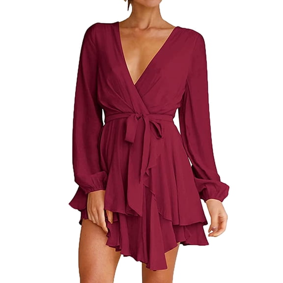 HNMKIU Women V Neck Elegant Dress Casual Loose Long Sleeve Bowknot Bandage Soft Beach Fall Dresses for Women ,M