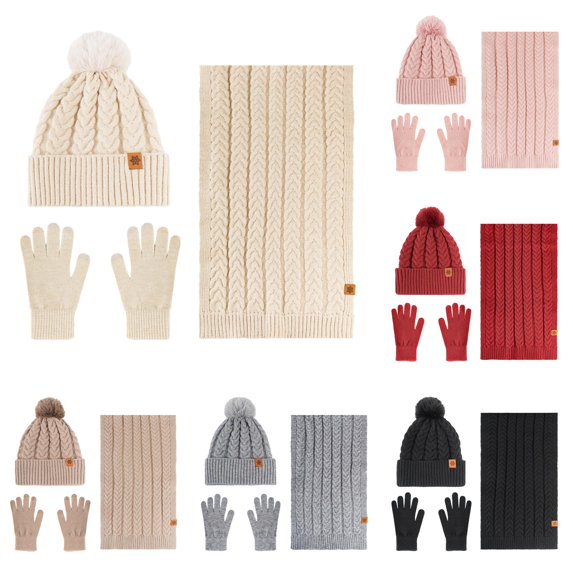 HNMKIU Women Winter Plus Wool Warm Fashion Knitted Hat Ear Scarf Set Beige - One Size