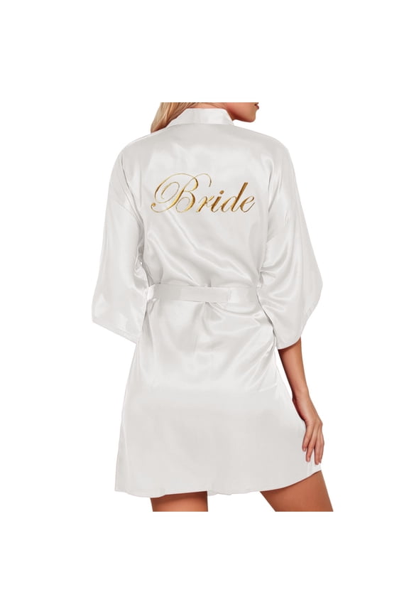 Women's 3/4 Sleeve Solid Color Embroidered Satin Wedding Bathrobe Morning Robe Holiday Pajamas for Bridal Party and Bride 01_White,S
