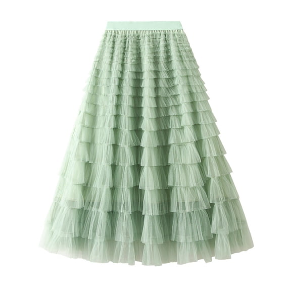 HNMKIU Women's A-Line Pleated Long Tutu Skirt with Ruffle Mesh Calf-Length Chiffon Maxi Skirts for Women and High Waist Design for Elegant Party and Daily Use Z1107e-Green,L