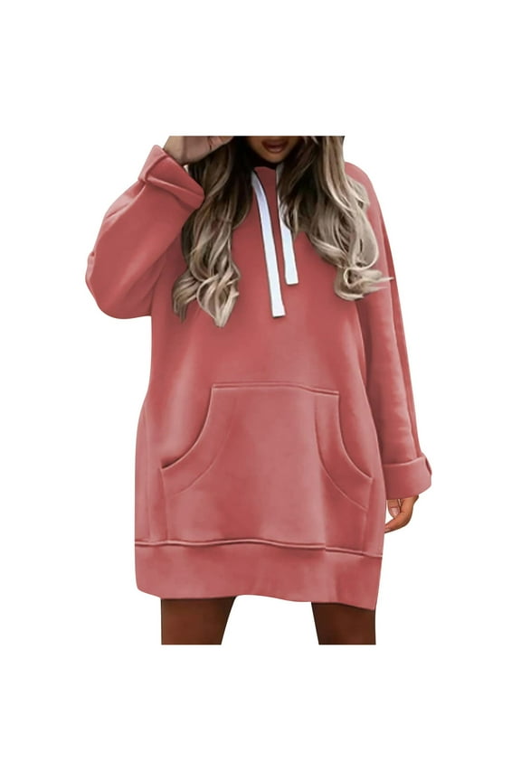 Women's Autumn Long Sleeve Side Opening Solid Color Extended Pocket Hooded Drawstring Casual Skirt Hoodie Pink,L
