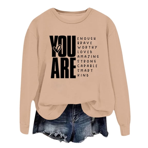 HNMKIU Women's Autumn Winter Letter Print Round Neck Pullover Womens Sweatshirts Top 04_Khaki,M