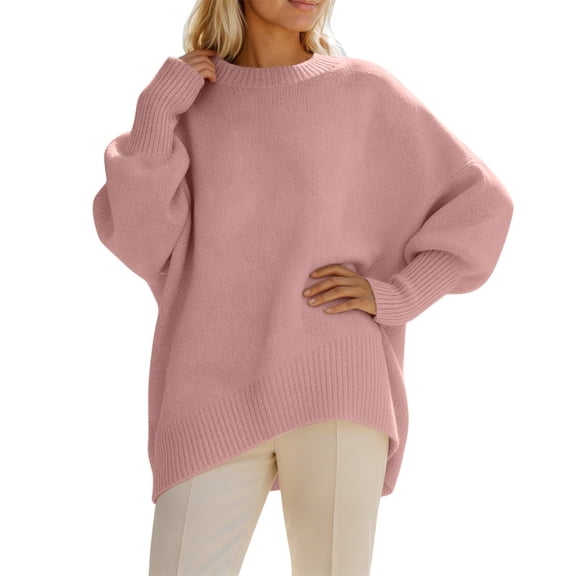 HNMKIU Women's Autumn Winter Round Neck Solid Color Loose Fit Pullover Knit Sweater Casual Top for Fall Outfits Comfort Pink,L