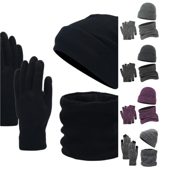 HNMKIU Women's Autumn Winter Wool Thickened Knitted Scarf Hat Three Piece Set Black - One Size