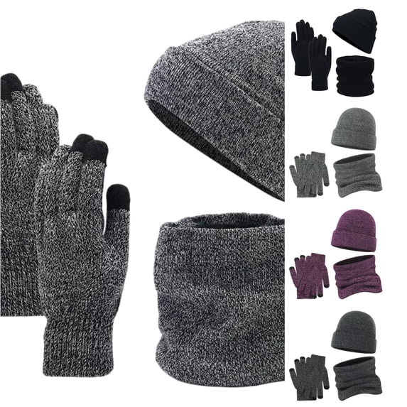 HNMKIU Women's Autumn Winter Wool Thickened Knitted Scarf Hat Three Piece Set Light Gray - One Size