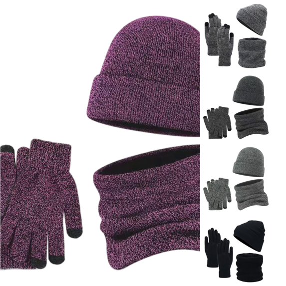 HNMKIU Women's Autumn Winter Wool Thickened Knitted Scarf Hat Three Piece Set Purple - One Size