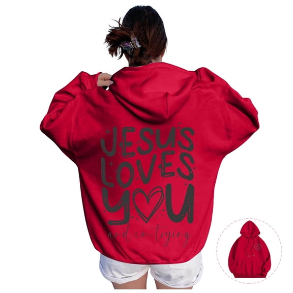 HNMKIU Women's Autumn and Winter Letter Printed Round Neck Long Sleeved Pocket Drawstring Casual Hoodie Hoodies for Women Red,L