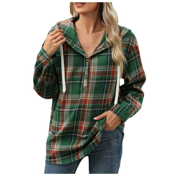 HNMKIU Women's Autumn and Winter Loose Long Sleeved Hooded Button Plaid Jacket Sweatshirt Hoodies for Women Green,S