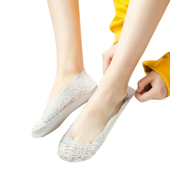 HNMKIU Women's Ballet Socks with Non- Grip Lace Trim Solid Color Boat Style Slipper Socks for Comfort and White,One Size